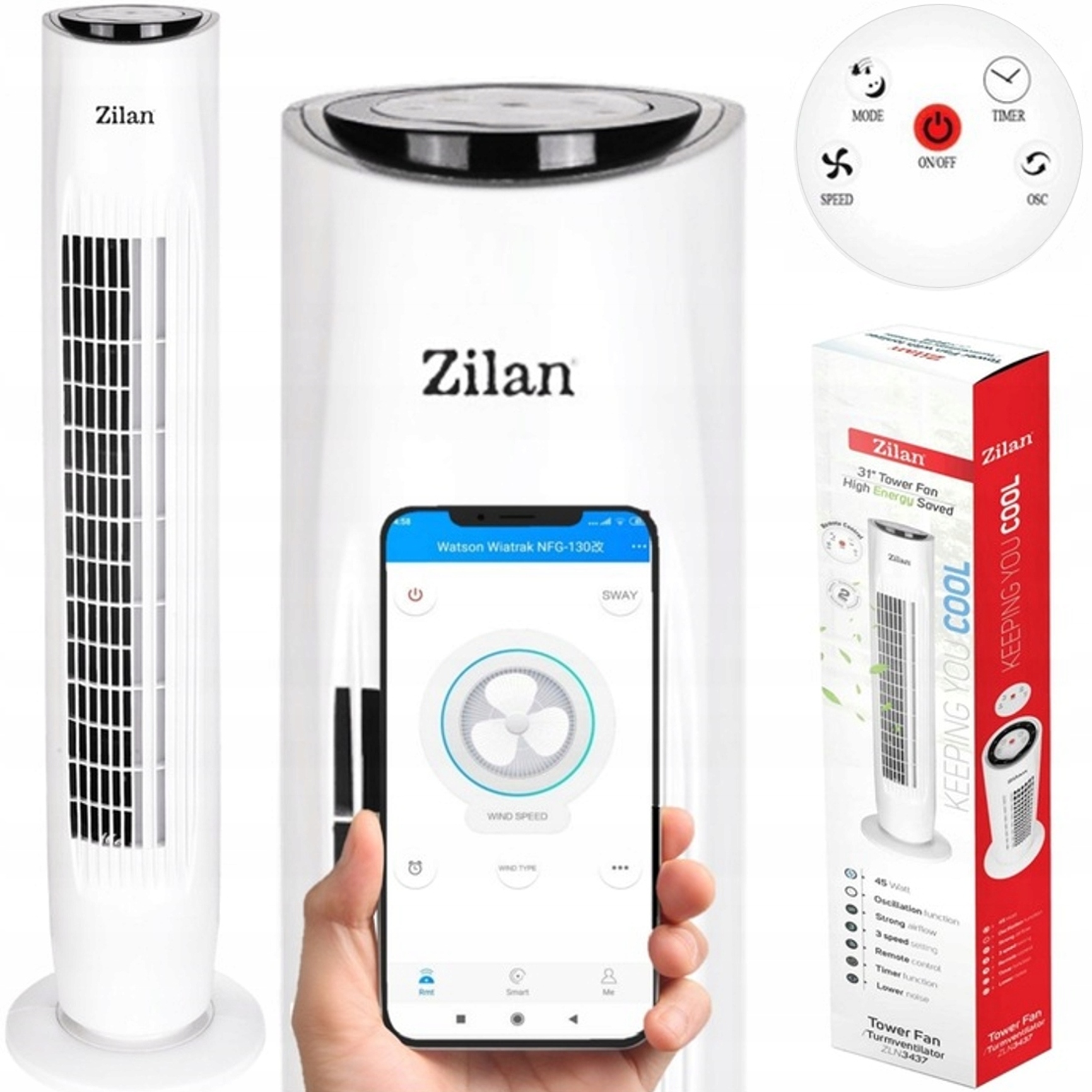 Biely stĺpový ventilátor Zilan Cool Fan